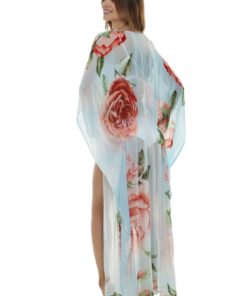 Achterkant Lichtblauwe Kimono Lang met Rozenprint van merk Agua Bendita